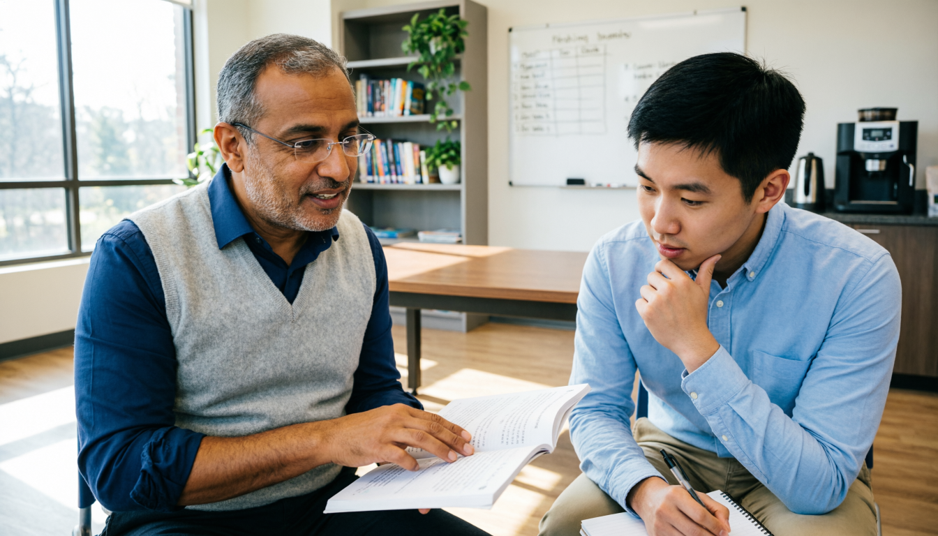 A mentor and a younger colleague reviewing a book together in an office.