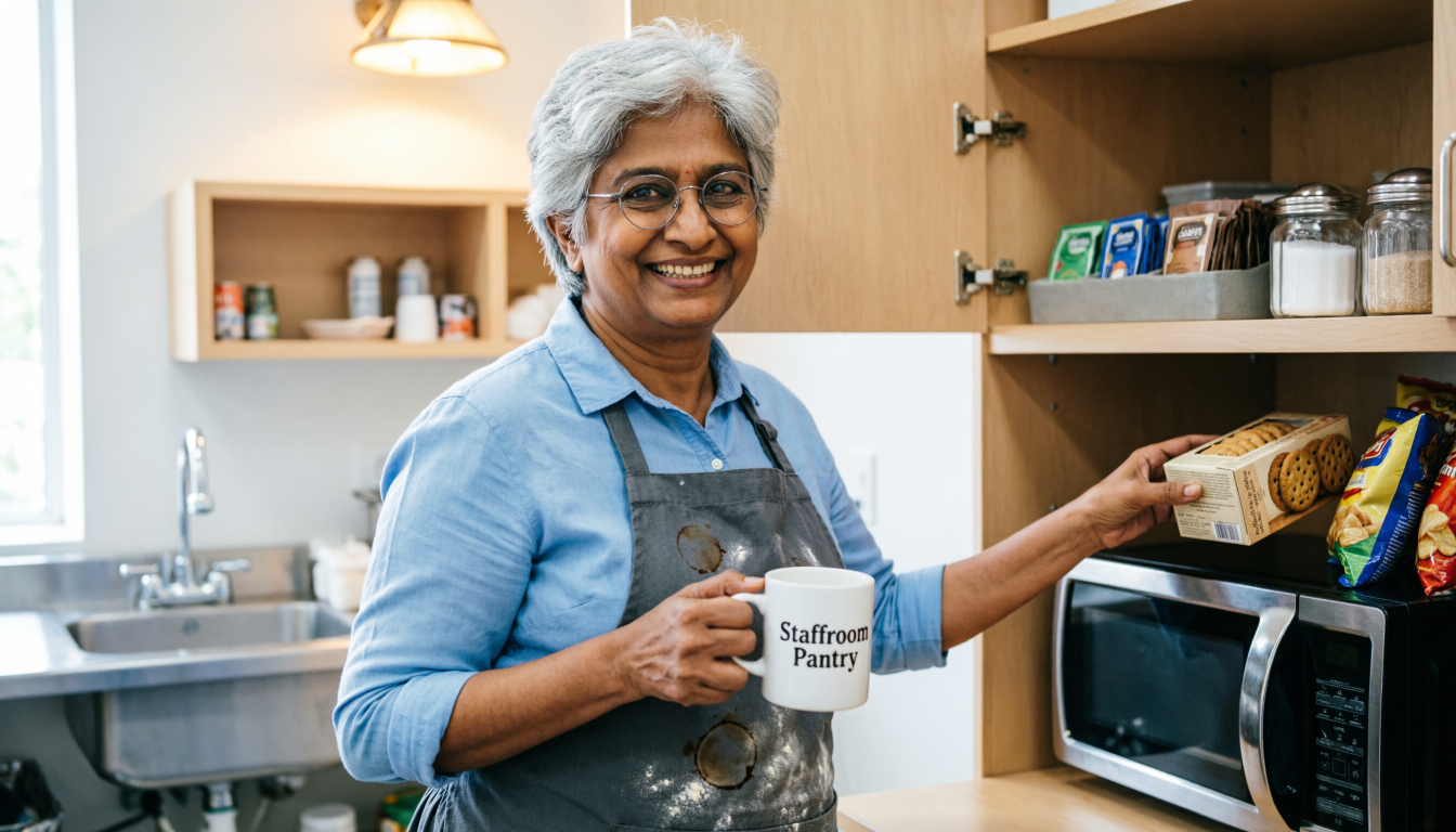 Mary smiling in the staffroom pantry with her mug.