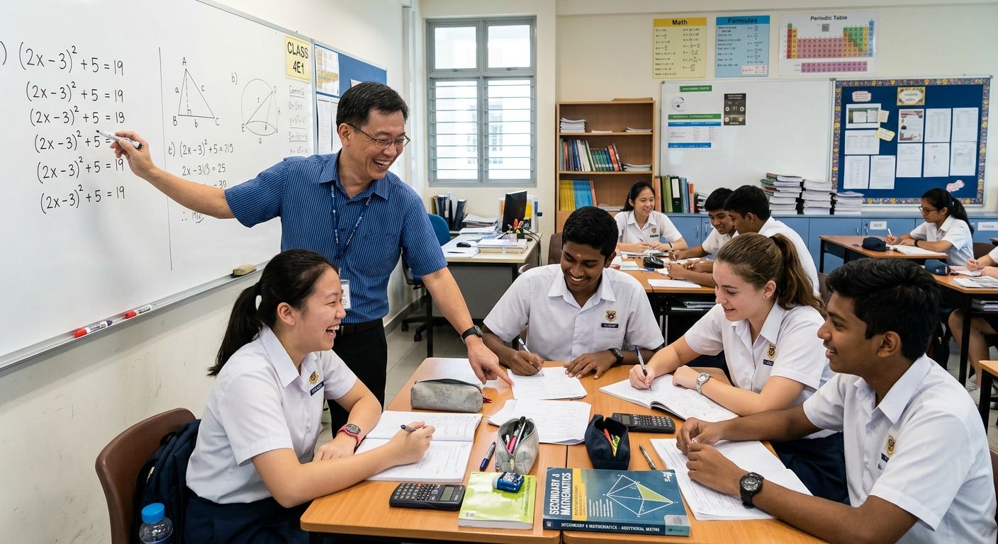 A maths teacher at the whiteboard with his class.